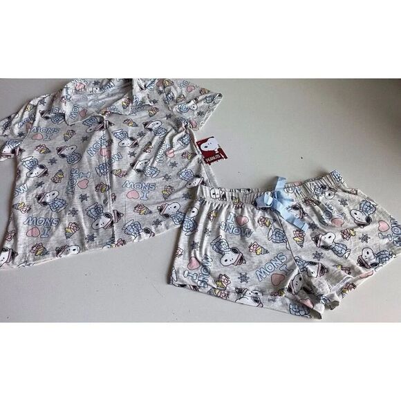 2pc Snoopy Woodstock Puffy Coat Puffer Jacket Pajama Set Shorts Women’s Sz M NEW - Picture 2 of 13